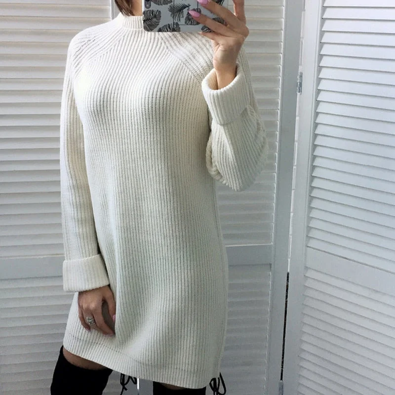 Autumn Winter Solid Knitted Cotton Sweater Dresses Women Fashion Loose O-neck Pullover Female Knitted Dress Vestidos Feminino