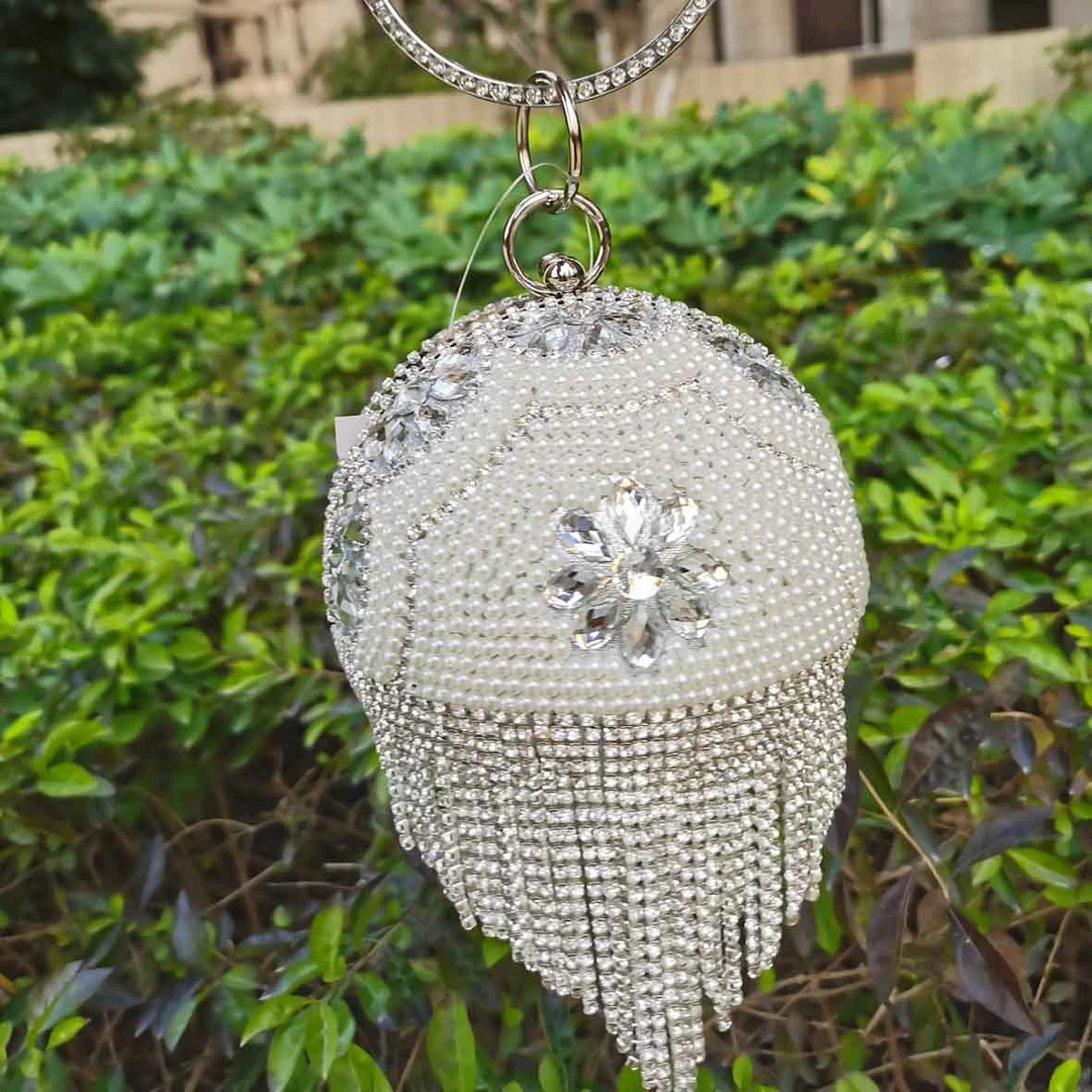 Bowling Design Pearl Clutch Bag circular ring Wristlets Bag Women Party Evening Bag Crystal tassels Ball Female wallet XQ-15