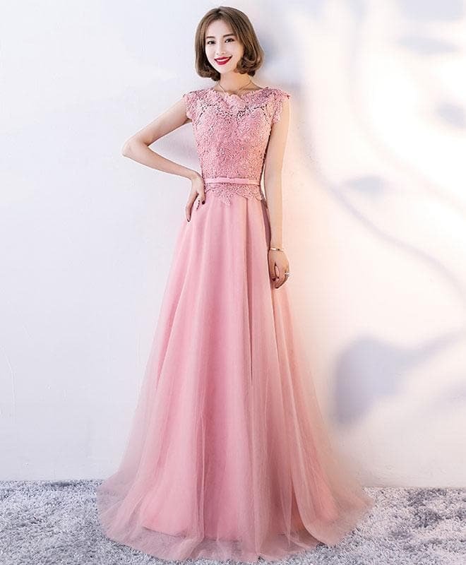 Pink Lace Long Prom Dress, Pink Evening Dress
