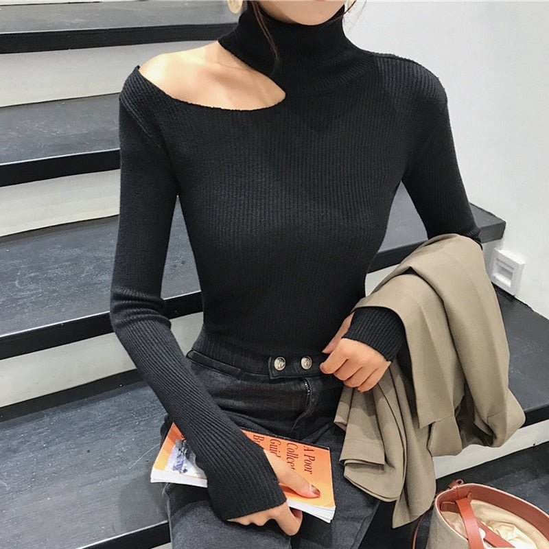 2021 Knitted Women high neck Sweater Sexy Off Shoulder Pullovers Turtleneck Autumn Winter Basic Women Sweaters Slim Fit Tops