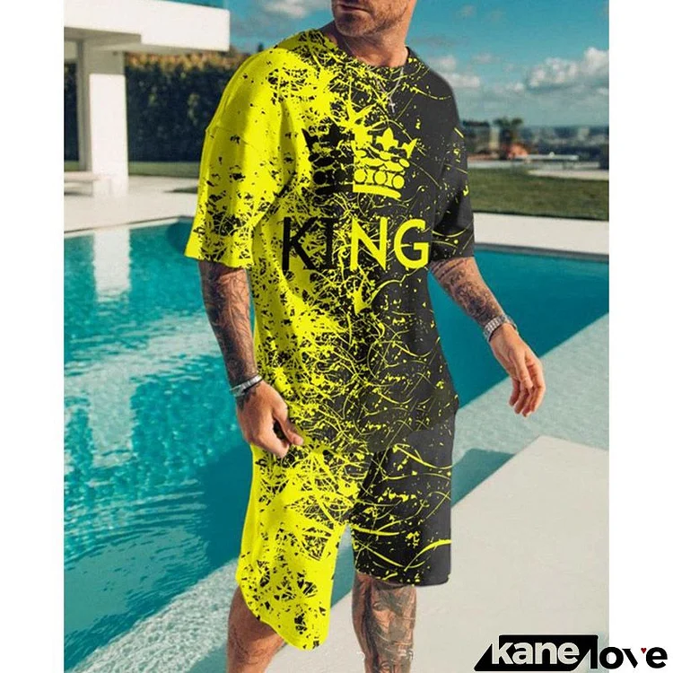 Men Plus Size Casual Short Sleeve Round Neck Letter Printed Loose T-shirt And Shorts Two-piece Set