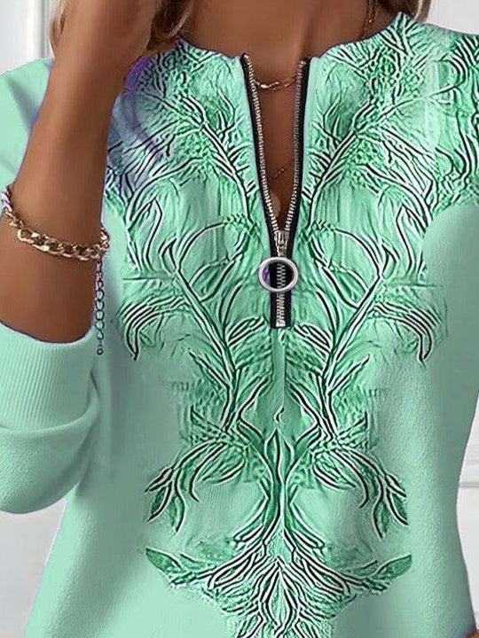 Women Long Sleeve Scoop Neck Floral Printed Graphic Zipper Tops