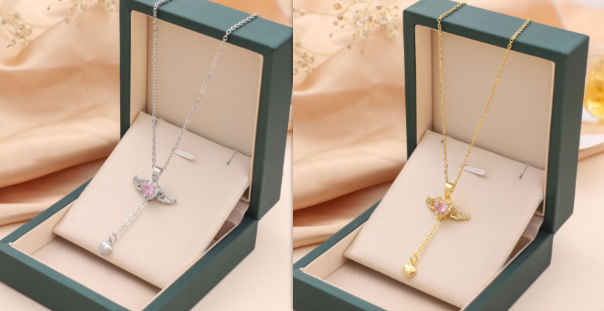 Mature Women Moving Cupid Heart Angel Wings Tassel Necklace With Crystal Clavicle Chain Jewelry