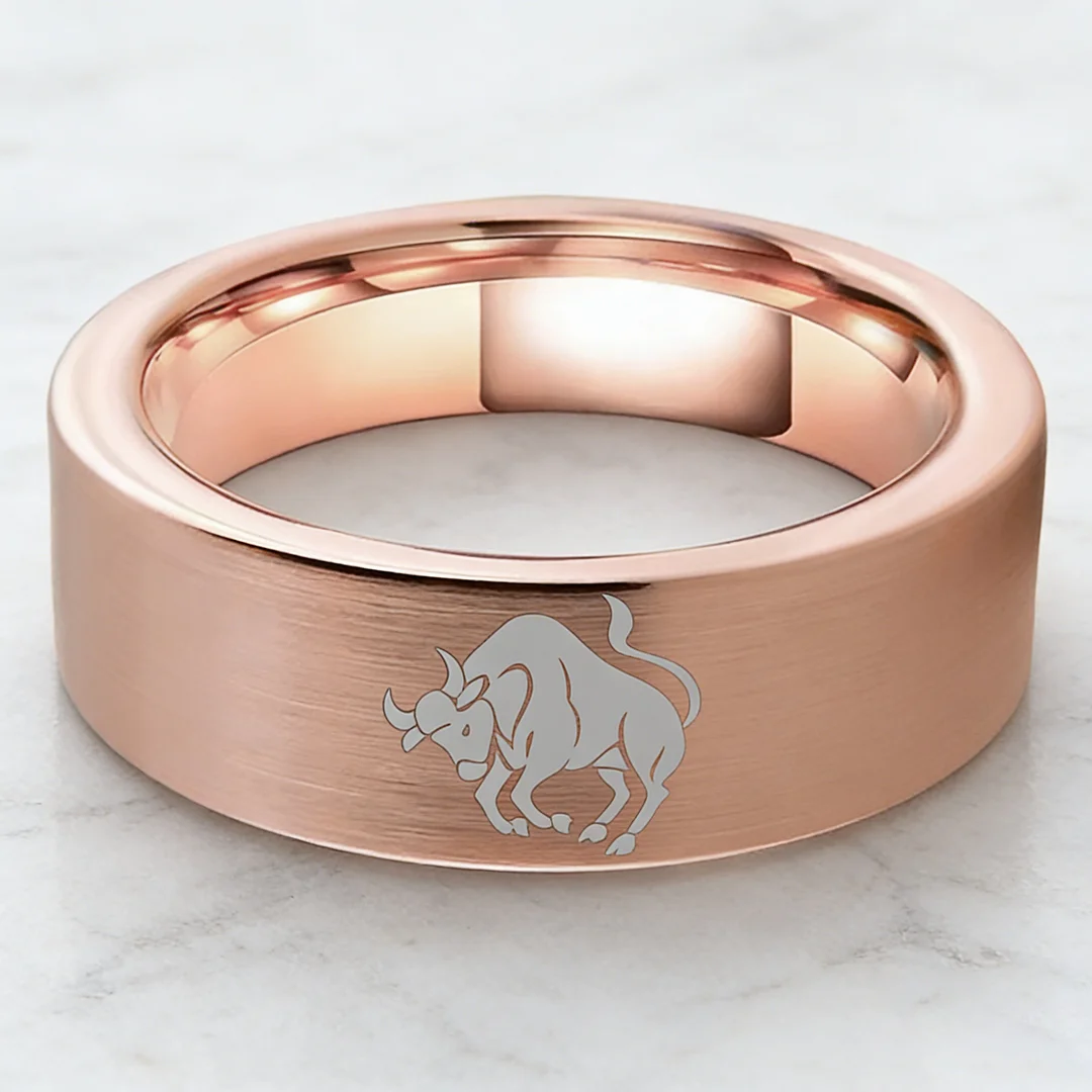 Taurus Tungsten Carbide Rings Rose Gold Flat Wedding Band Comfort Fit Men and Women 4MM 6MM 8MM 