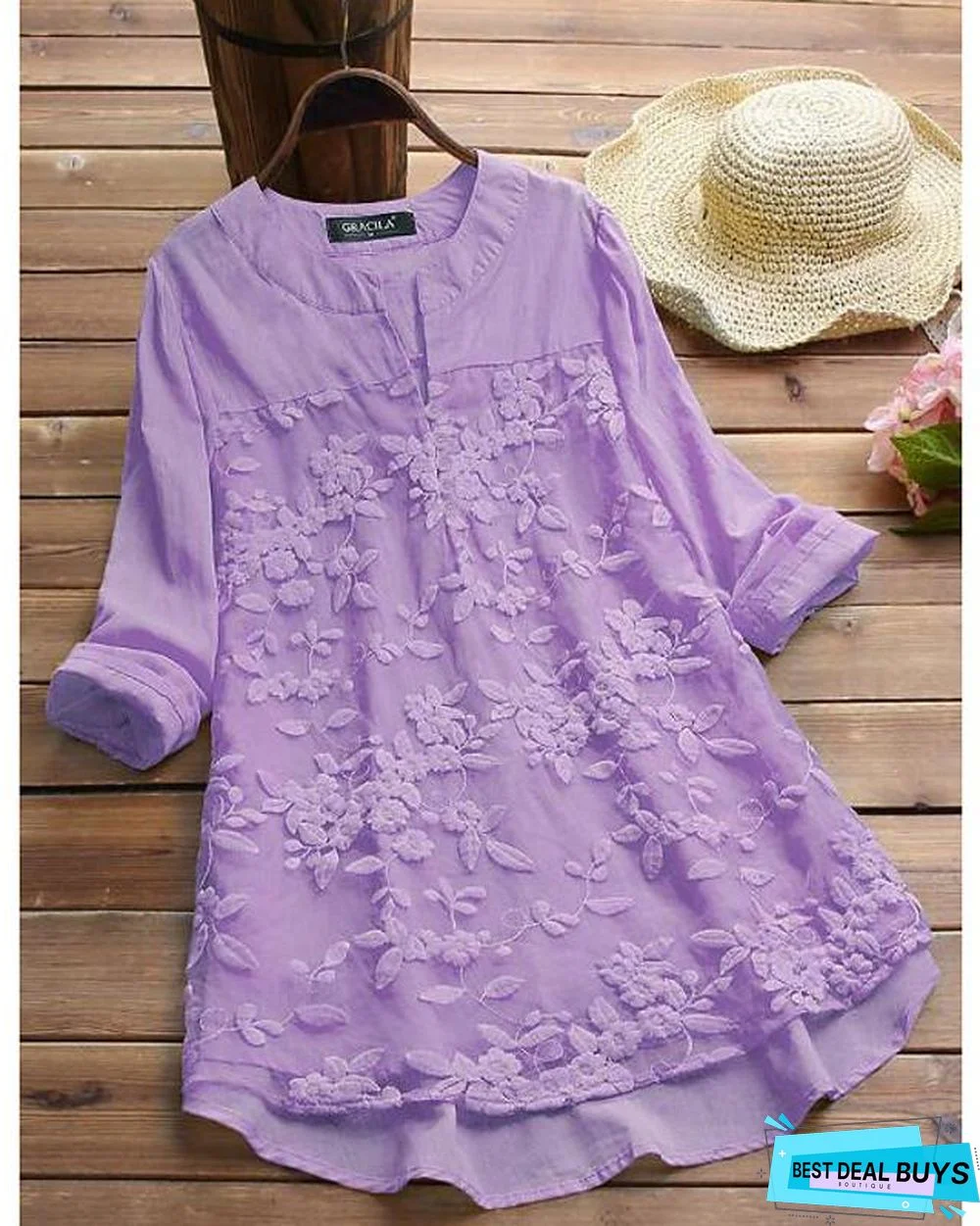 Women's Blouse Shirt Solid Colored Long Sleeve Lace Layered Button Round Neck V Neck Tops Loose Casual Basic Top White Purple Yellow-817