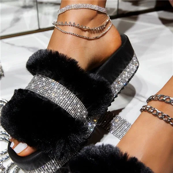 Vstacam Designer Women Fur Rhinestone Slippers Platform Wedges Heel Solid Fluffy Furry Slides Outside Sexy Shoes Ladies Sapatos De Mujer