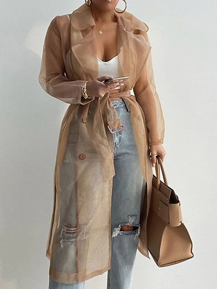 Daily Lapel Collar Long Sleeve Pocket Knotted Mesh Long Jacket