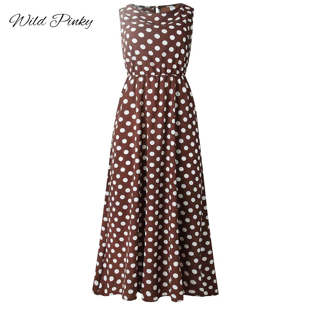 WildPinky Polka Dot Print Maxi Dress O Neck Tunic Dress Beach Summer Sundress Casual Vestidos Loose Vintage Long Dress Female