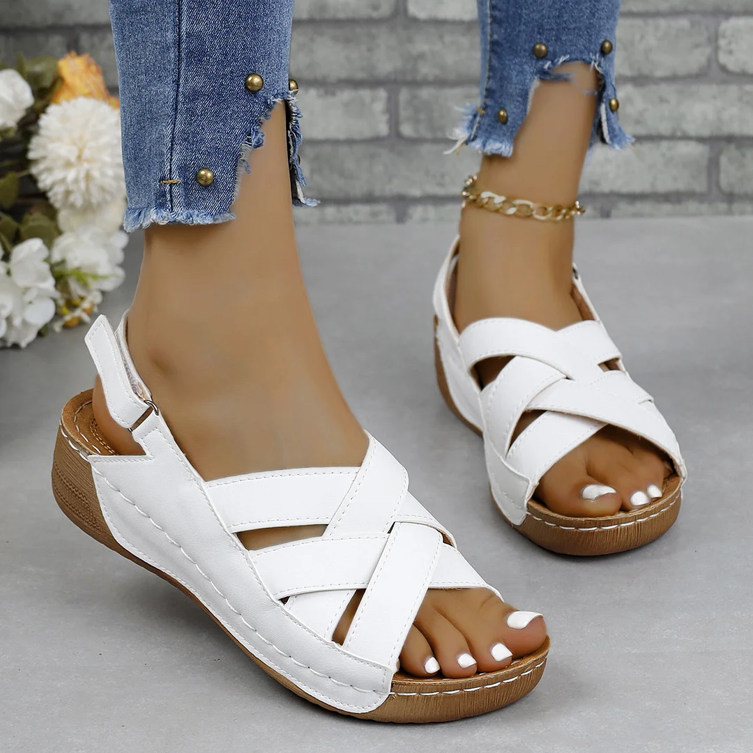 Breakj Breakj New Summer Women's Slope Sandals Thick Sole Buckle With Fish Mouth Sandals Pure-Colored Slope Heel Sandals