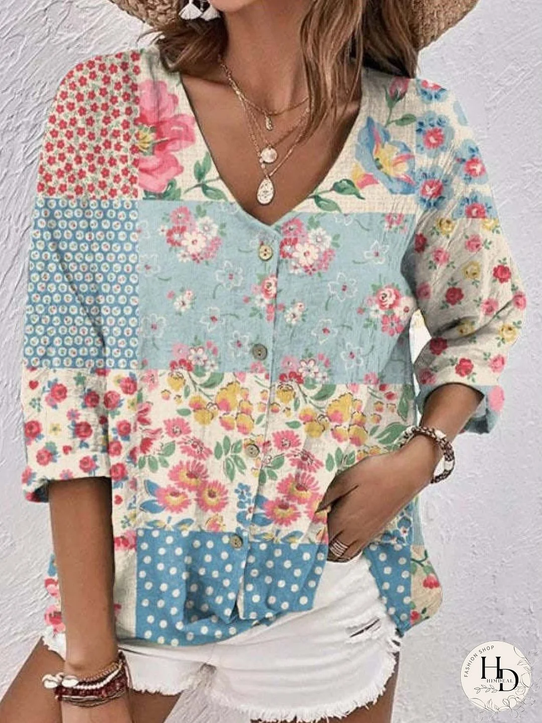 Full Size Printed V-Neck Blouse
