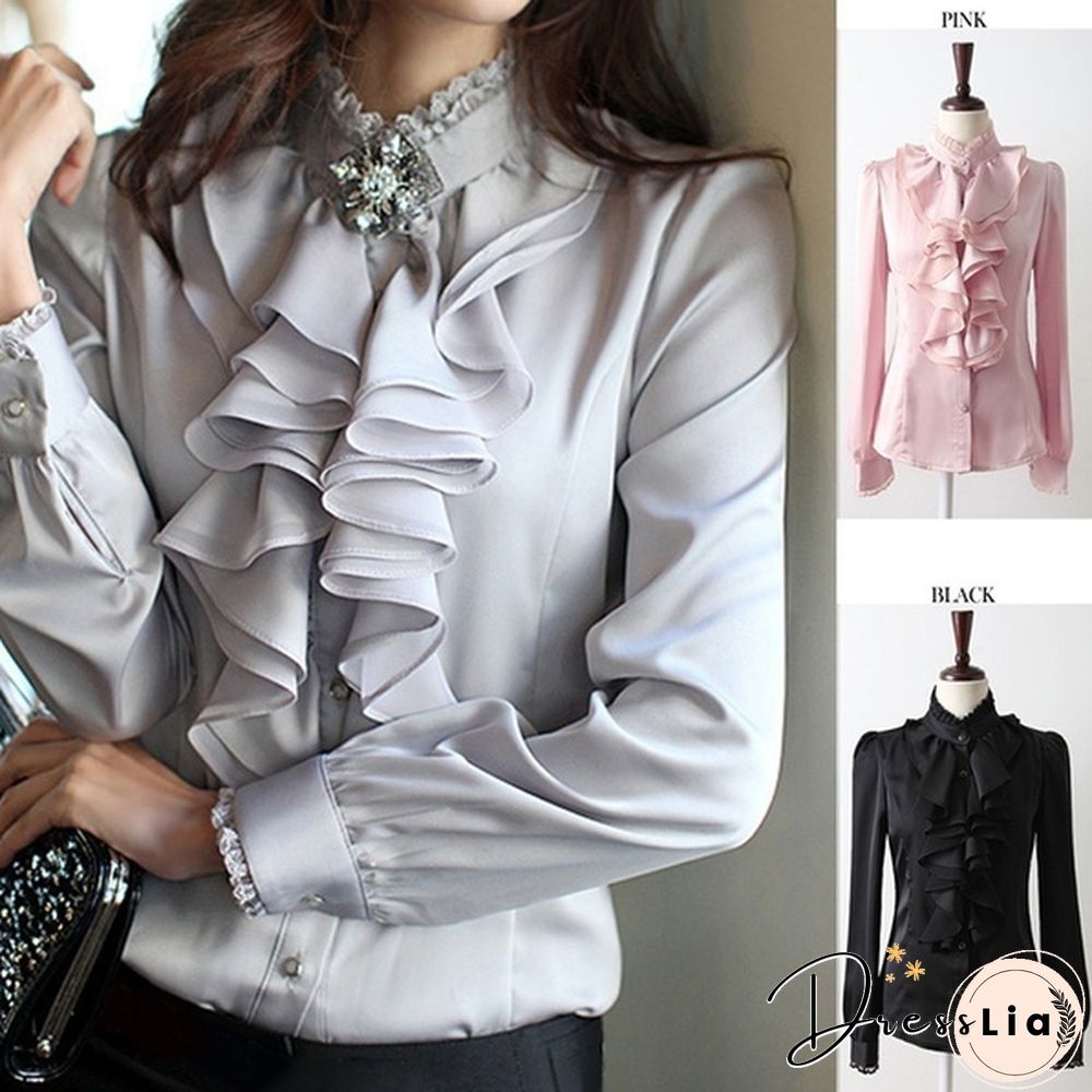 Womens Satin Silk-like Long Sleeve Office Slim Shirt Frill Drape Ruffle Trim Stand Collar Blouse Top
