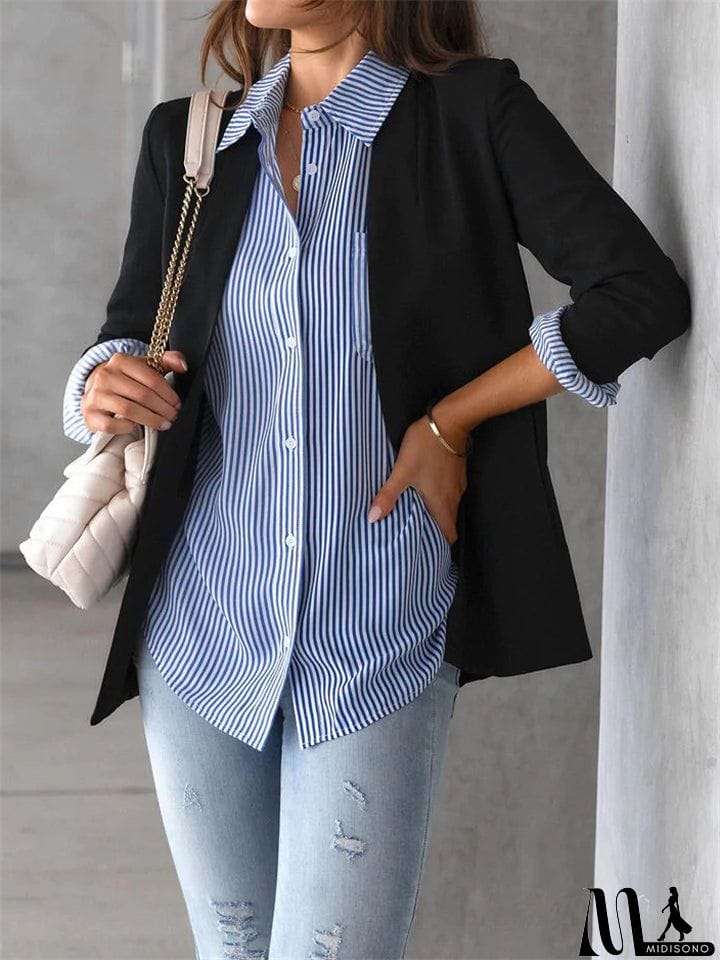 MidiSono - Autumn Leisure Stripe Lapel Long Sleeve Plus Size Women Blouses