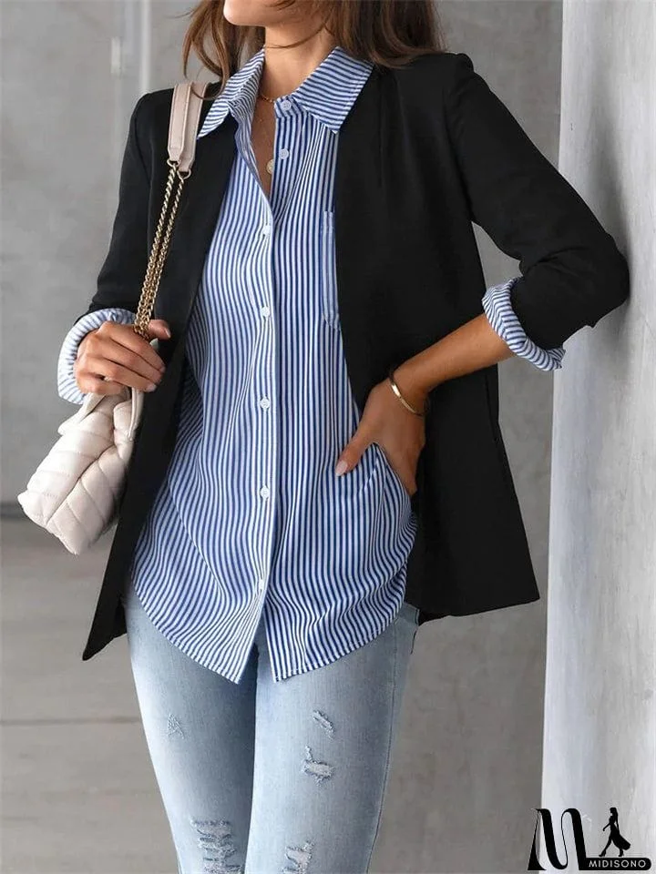 MidiSono - Autumn Leisure Stripe Lapel Long Sleeve Plus Size Women Blouses