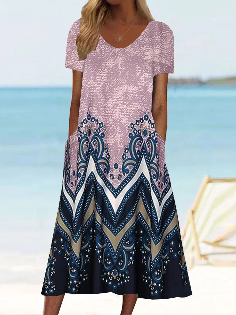 Women's Short Sleeve Scoop Neck Graphic Floral Printed Midi Dress
