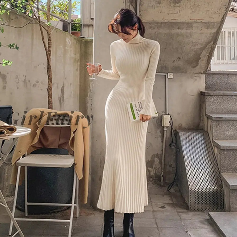 Girlfairy Spring Autumn Womens Dress Korean Retro Solid Color High-Neck Knitted Long-Sleeved New