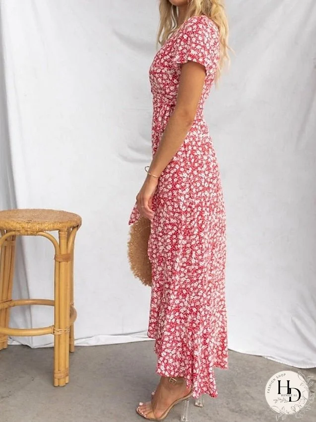 Casual Dress Wrap Dress Floral Dress Ditsy Floral Lace up Split V Neck Midi Dress Active Fashion Daily Holiday Short Sleeve Regular Fit Red Blue Summer Spring S M L XL for Women