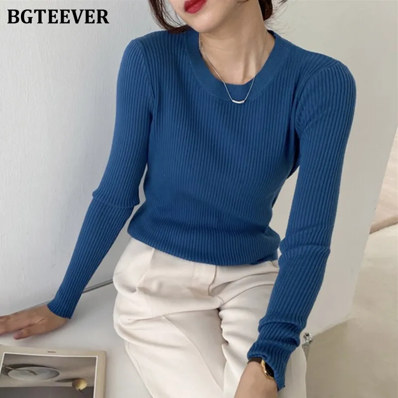 BGTEEVER Fashion New Autumn O-neck Slim Women Sweater 2021 Full Sleeve Stretched Casual Knitwear Skinny Female Knitting Tops