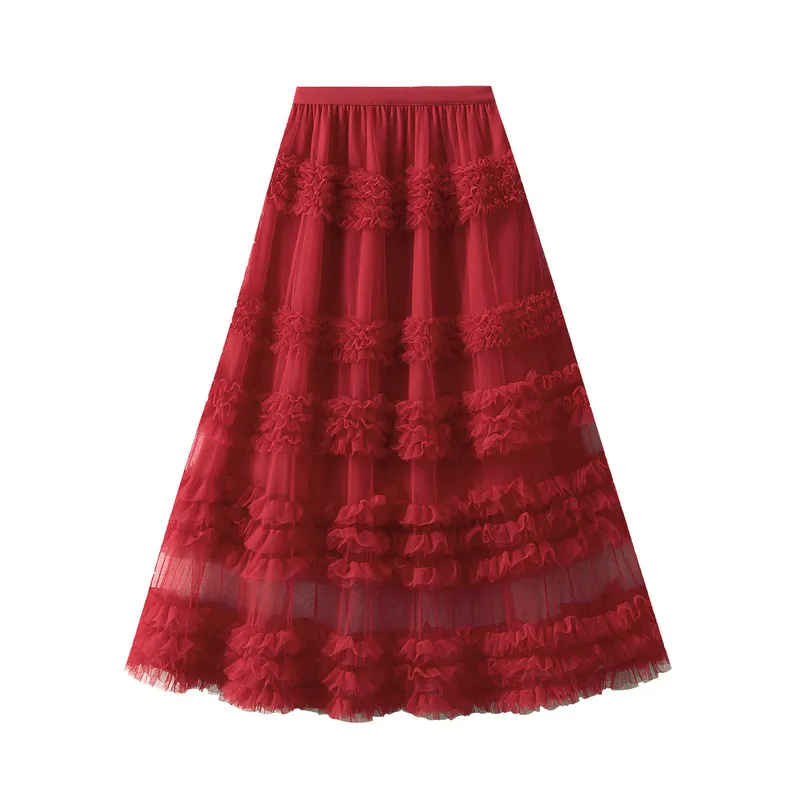 Nigikala Nigikala Heavy Industry Lace Cake Skirt Long Skirt Sweet Wind High Waist Wood Ear Net Yarn Skirt 1276