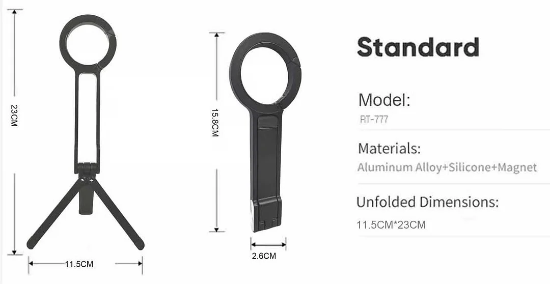 Magnetic Phone Tripod for iPhone. Portable Phone Holder Mini Tripod for Magsafe with Double-Sided Strong Magnetic 1/4'' Arri Locating Hole Foldable Hook