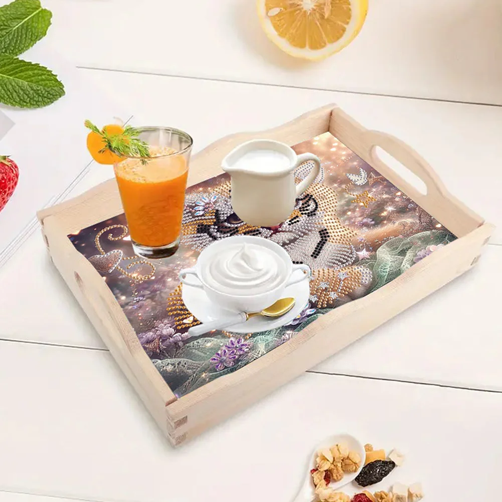 5D DIY Tiger Diamond Painting Wooden Serving Tray with Handle for Desk