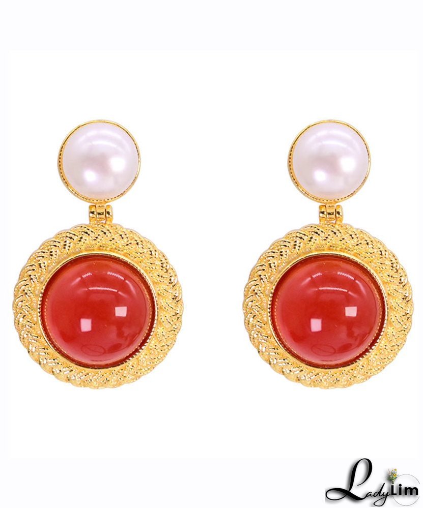 Art Red Sterling Silver Overgild Pearl Agate Stud Earrings