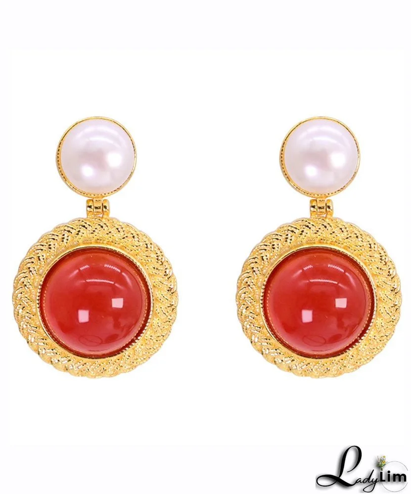 Art Red Sterling Silver Overgild Pearl Agate Stud Earrings