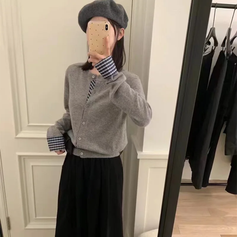 Churchf Churchf Patch Stitching Fake Two Cardigan Female 2024 New Single Breasted Thin Bottom Sweater Coat Female