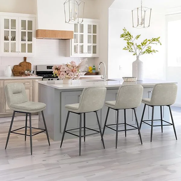 Bar Stools Set of 3, Double-Layer Upholstered Counter Height Bar Stools for Kitchen Island, Faux Leather Barstools with Back and Footrest, 24 Inch Armless Barstool Chairs, Light Beige Gray 24 in Light Beige Gray 3