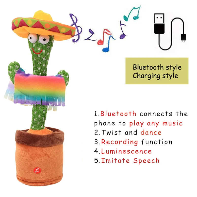 Bluetooth Dancing Cactus Talking Toy Electronic Plush Toys Sing Record Lighten Battery USB Charging Early Education Funny Gift
