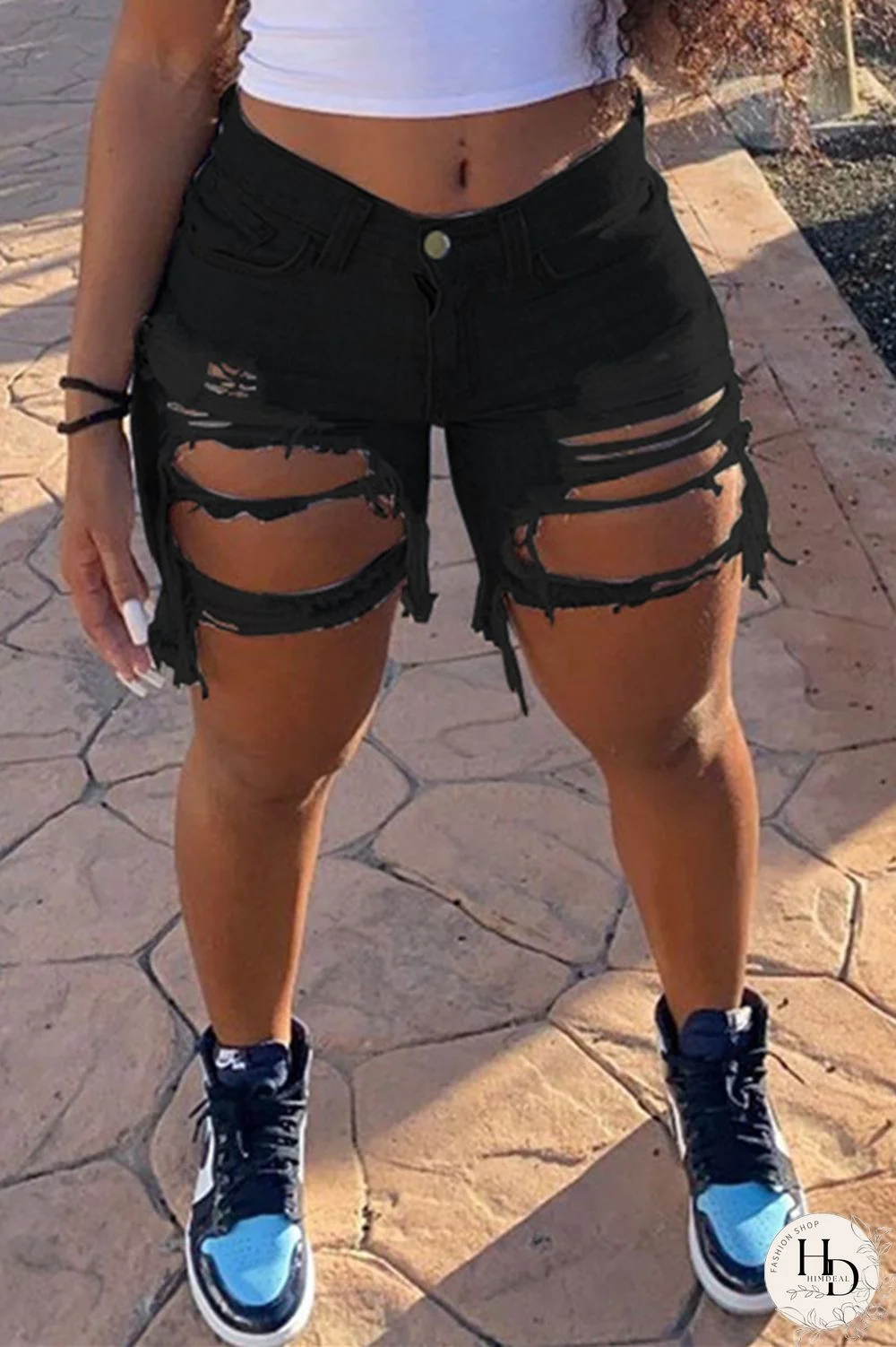 White Fashion Sexy Broken Hole Denim Pants