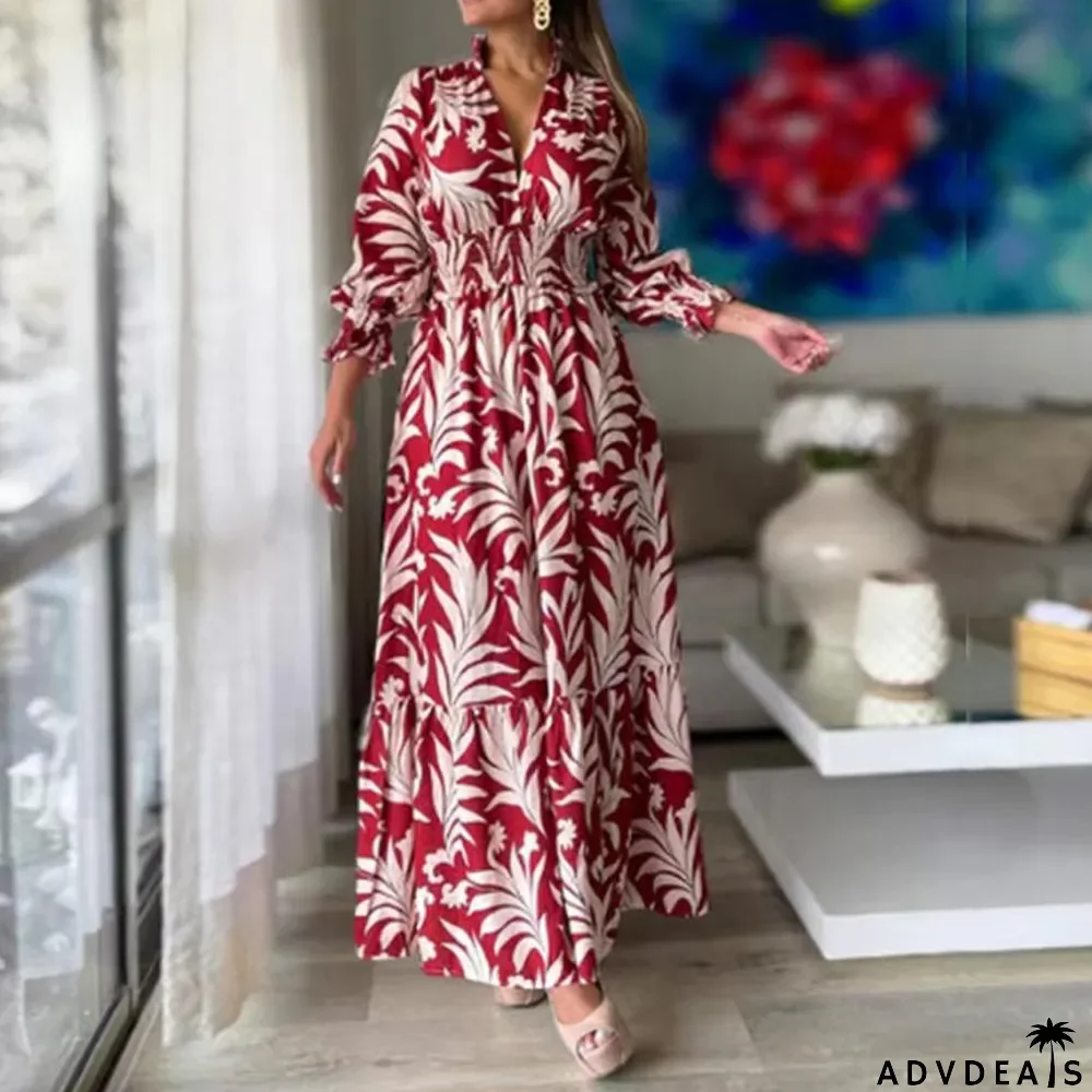 Women Spring Long Sleeve Bohemian Print Maxi Dress