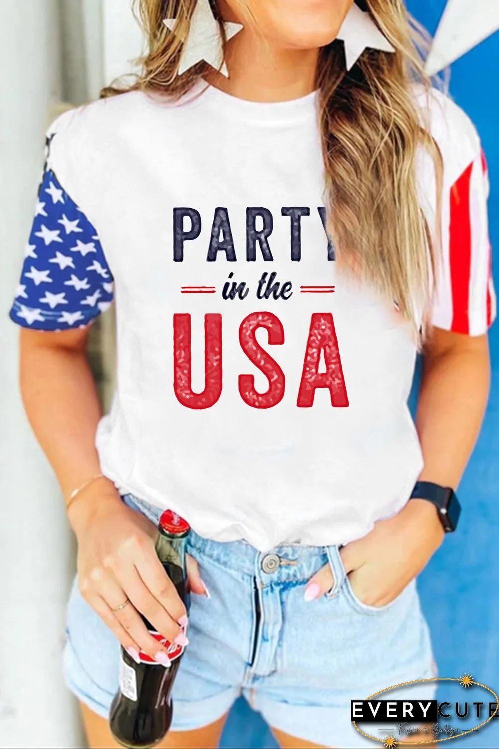 Multicolor PARTY In The USA Flag Pattern Color Block T Shirt