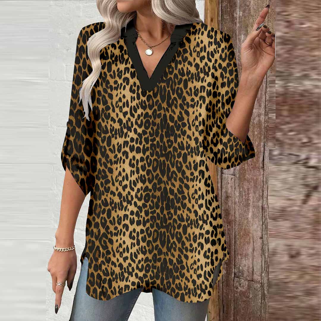 Women Leopard, Brown, Yellow DZGA0552 3/4 Sleeve V-neck Printed Graphic Button Tops