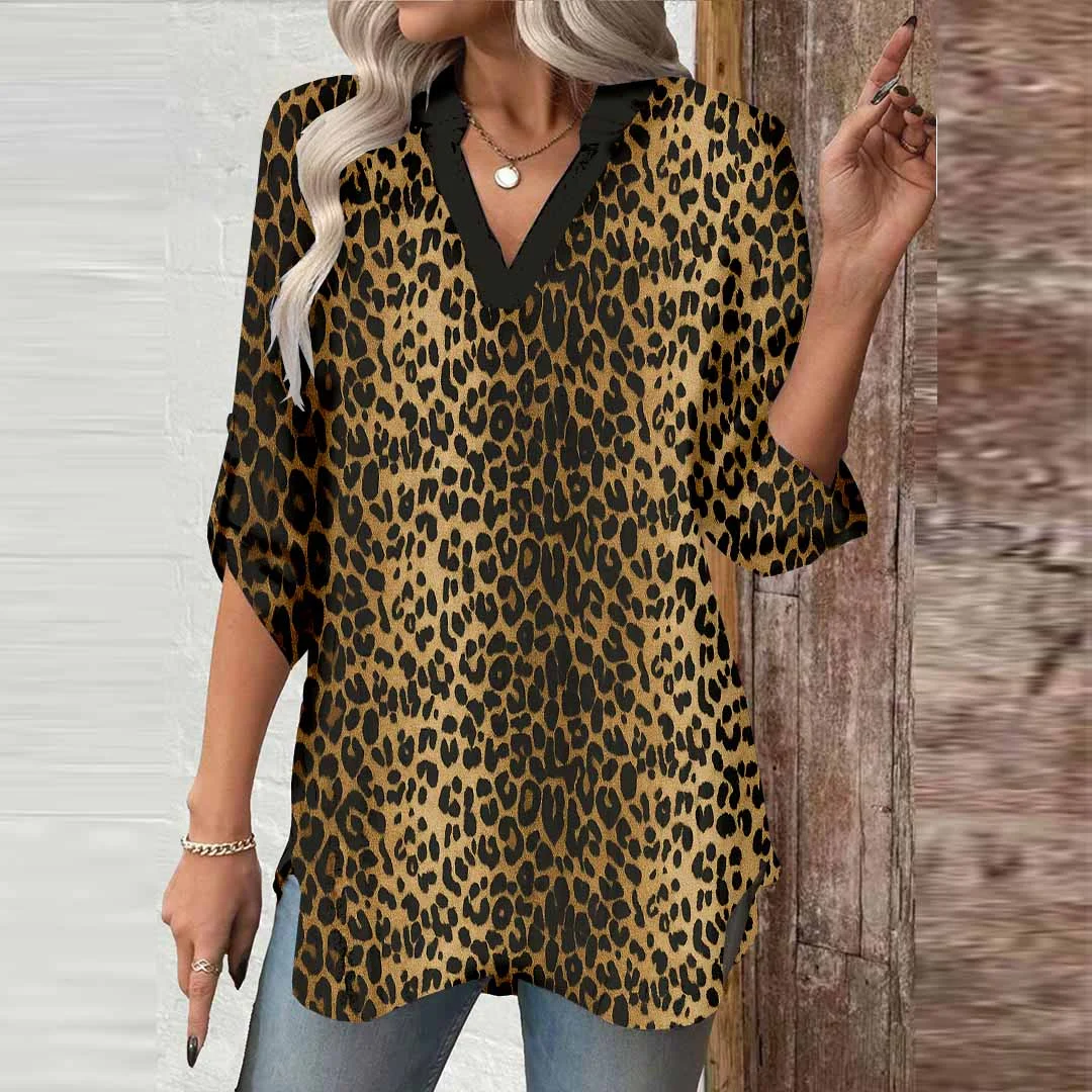 Women Leopard, Brown, Yellow DZGA0552 3/4 Sleeve V-neck Printed Graphic Button Tops