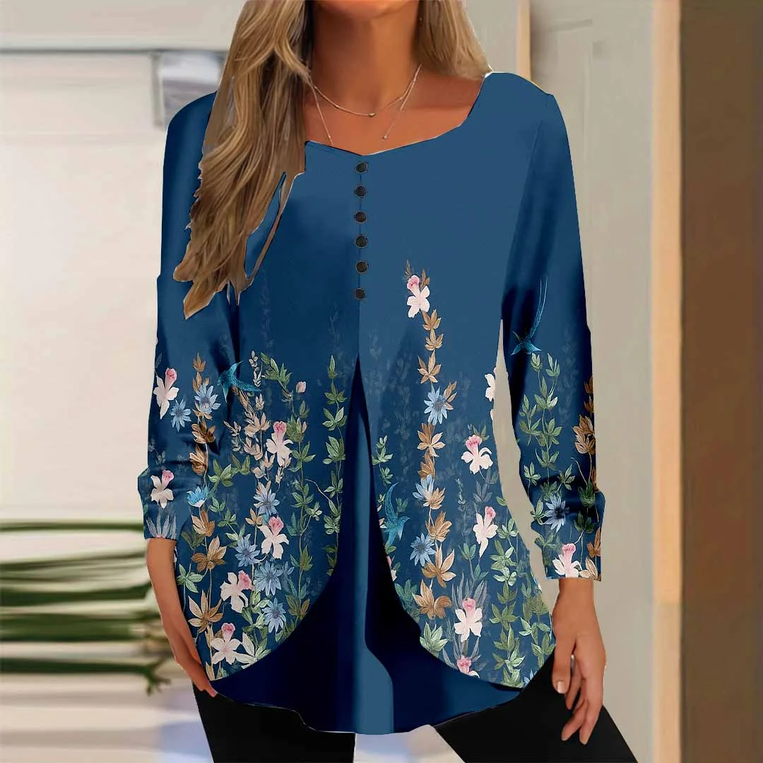 Women Floral,Blue DZGG8325 Long Sleeve Scoop Neck Printed Graphic Button Fake 2in1 Tops