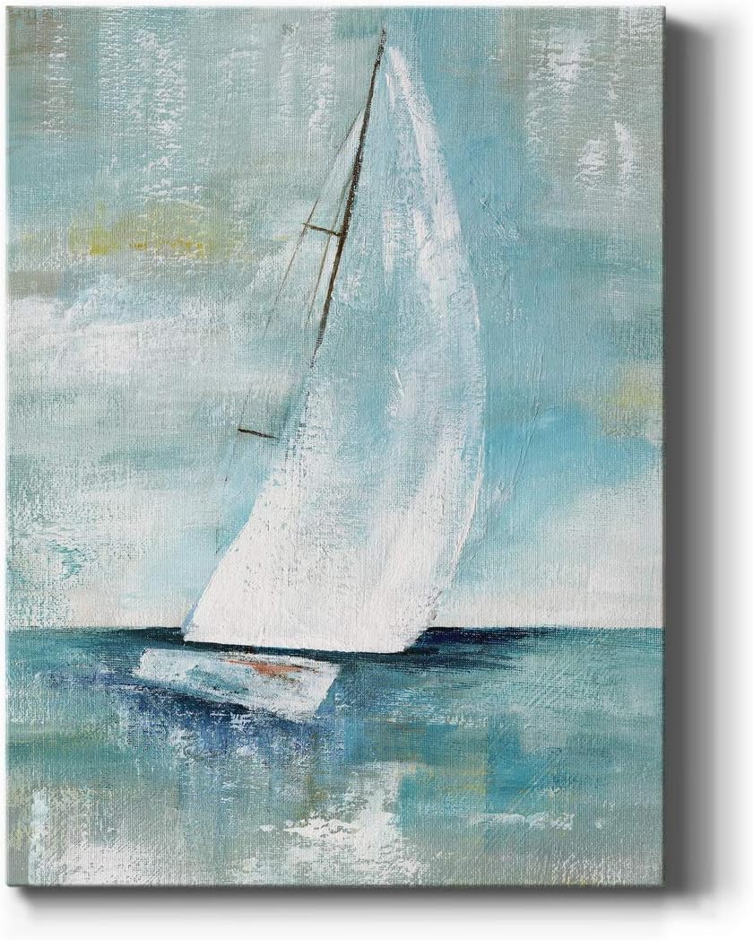Renditions Gallery Canvas Nautical Wall Art Home Paintings & Prints White Blue Sail Boat Sailing through Ocean Winds Abstract Wall Hanging Paintings for Bedroom Office Kitchen - 16 inch X20 inch  - LT42 16X20