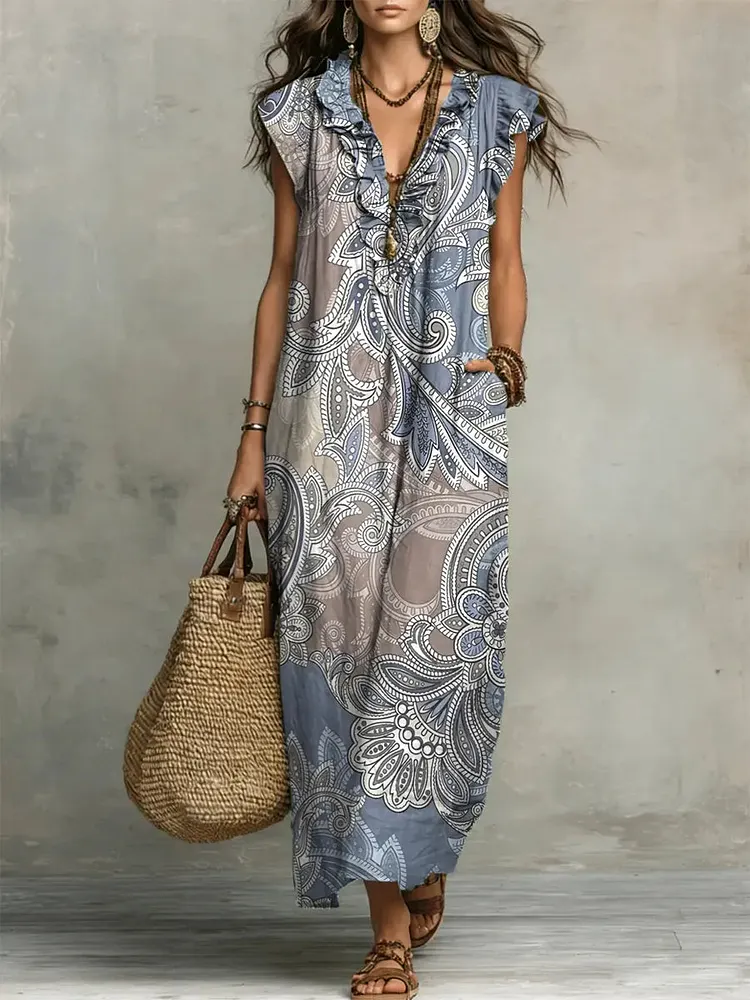 Women's Retro Floral Pattern Art Print Casual Ruffled Stylish Cotton Linen Dress
