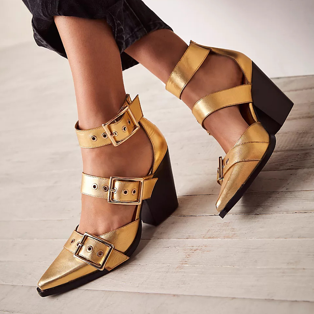 Gold Almomd Toe Pumps Adjustable Buckle Ankle Pumps