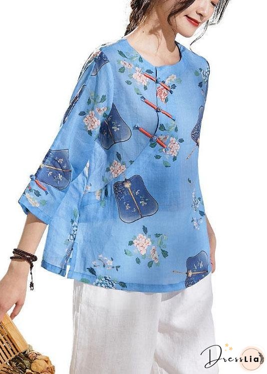 Natural Blue Print Oriental Summer Ramie Shirt