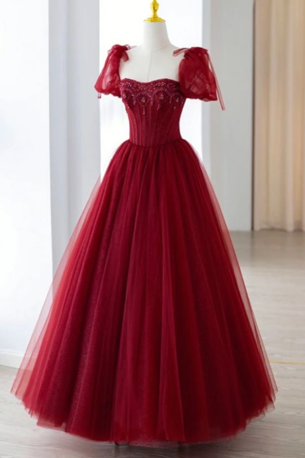Ovlias Fabulous Burgundy Short sleeve Square Tulle Layered Prom Dress LY0513