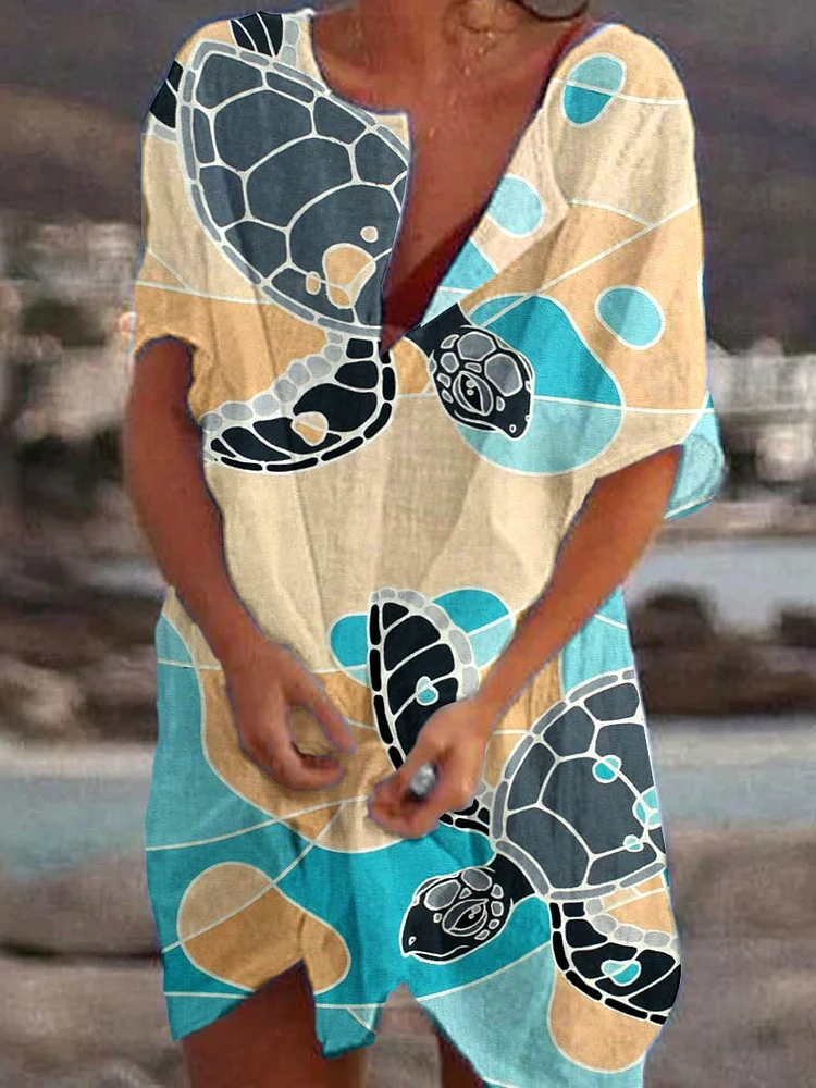 Women's Artistic Colorful Turtle  Pattern Printed Cotton And Linen Dress