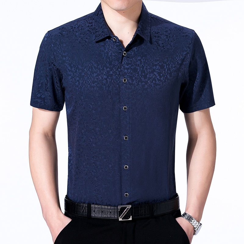 Blue Jacquard Short Sleeves Silk Shirt For Mens