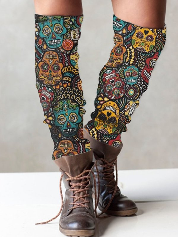 Skull print knit boot cuffs leg warmers
