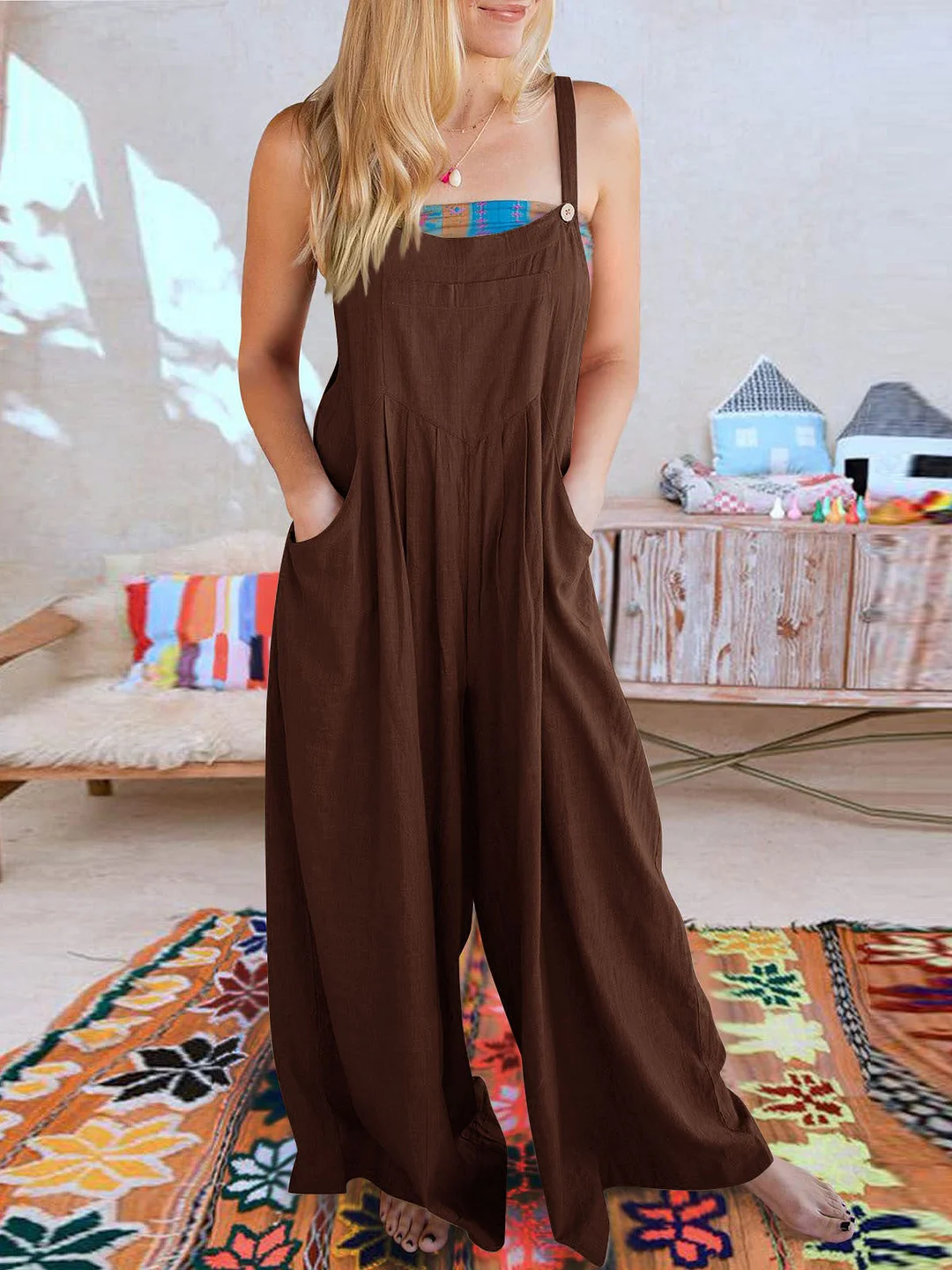 Women's Cotton Linen Sleeveless U-neck Colorful Solid Color Overalls Jumpsuit