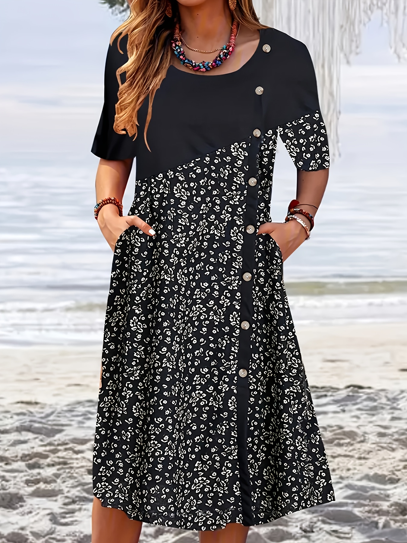 Summer Floral Print Women's A-Line Dress | Knee-Length Short Sleeve Round Neck Machine Washable Breathable Material For Spring Summer Fall Casual Vacation & Beach Outing | IFYHOME