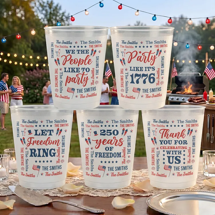 Personalized Patriotic Frosted Cups for 4th of July & 250th Anniversary &ndash; Custom Family Name Party Cups