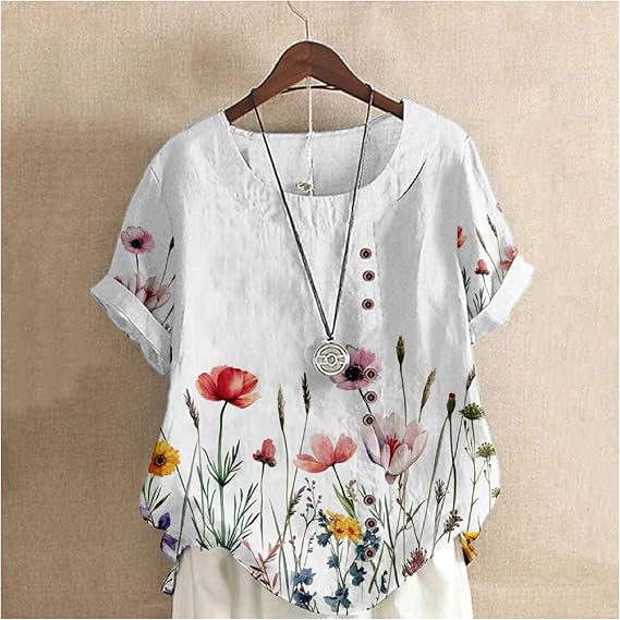 Women's Simple Flowers  Cotton And Linen Short Sleeve Top