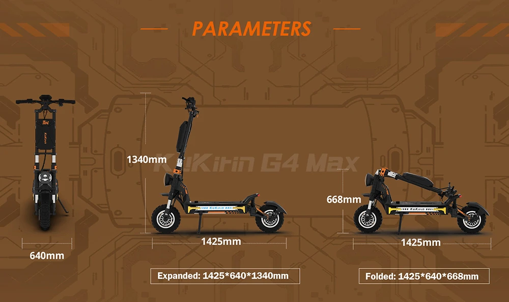 KuKirin G4 Max 越野电动滑板车，2*1600W 无刷轮毂电机，12 英寸越野充气轮胎，60V 35.2Ah 电池，最大续航里程 95 公里，最高时速 86 公里/小时，前后活塞油压刹车，IP54 防水