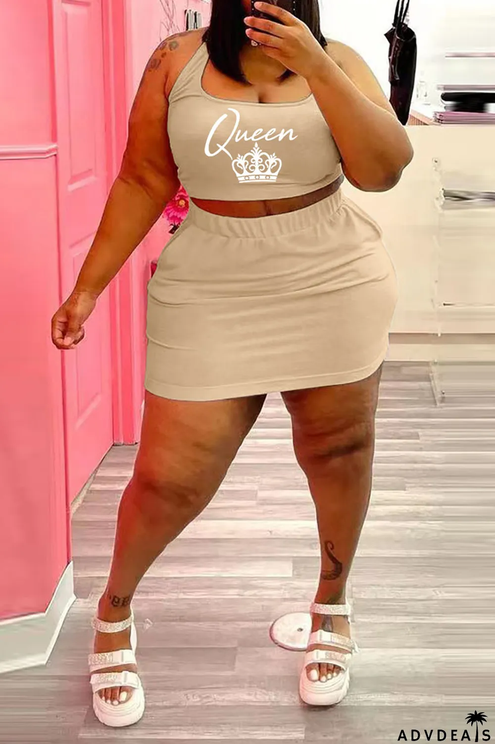 Blue Casual Print Split Joint U Neck Sleeveless Two Pieces