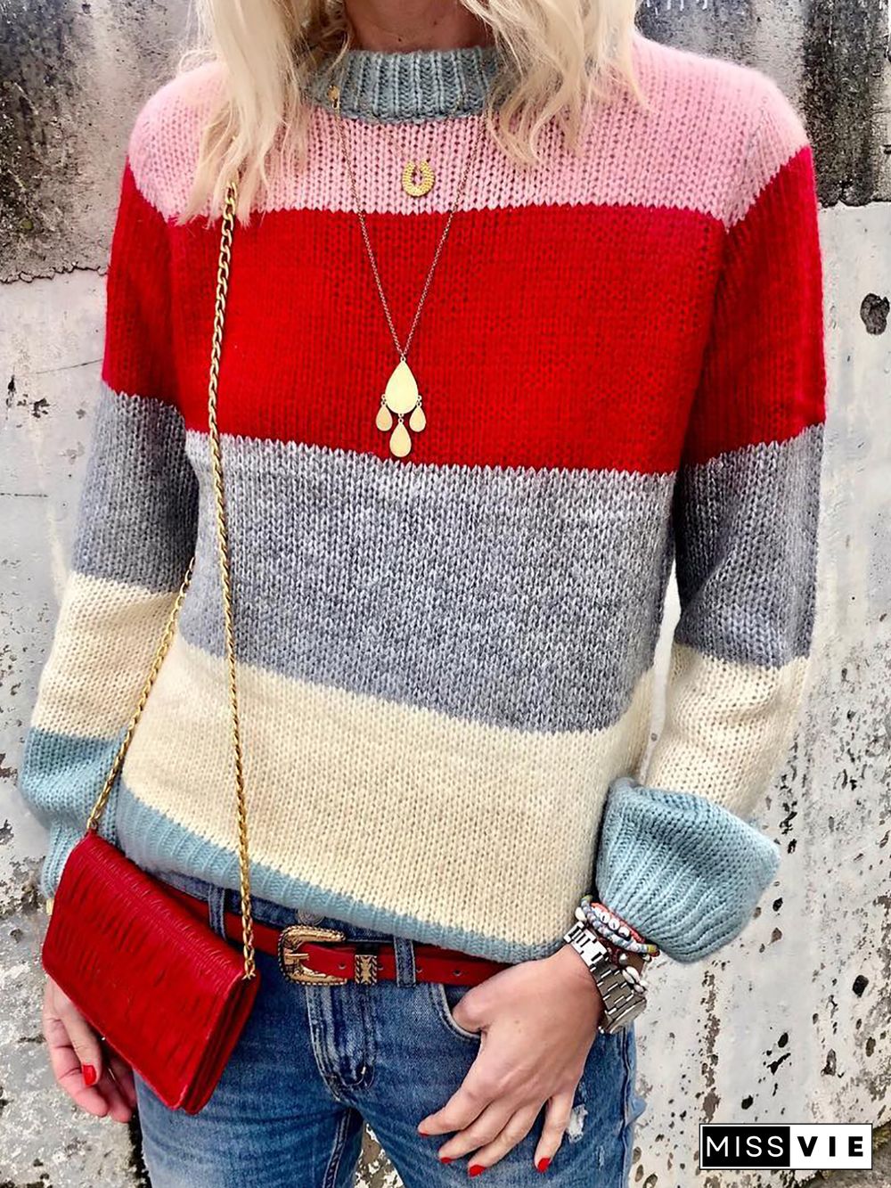 Women Striped Boho Autumn Acrylic Date Long sleeve Crew Neck Sweater